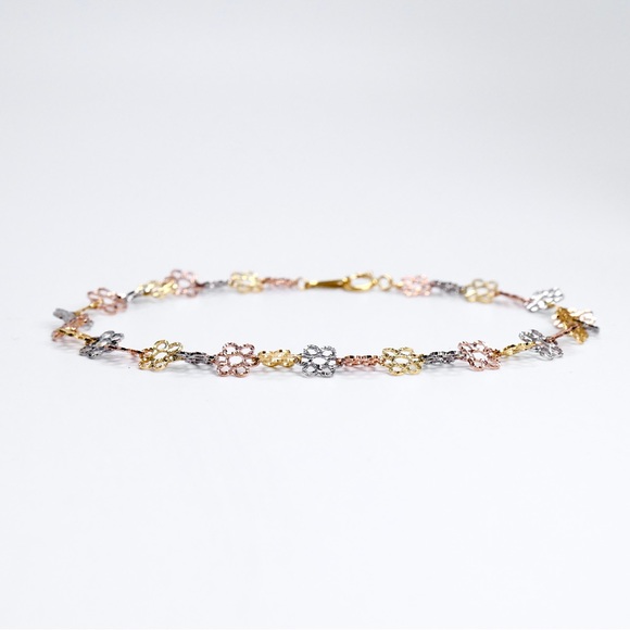 14K Yellow Rose White Gold Flower Link Fancy Bracelet 1.90g - New - Picture 2 of 7